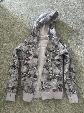 BuffBunny Light Gray Hooded Puffer Jacket with Black Floral Print